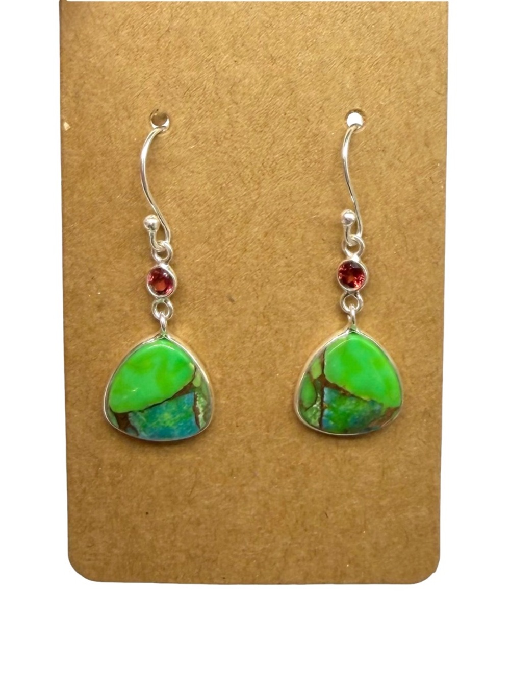 Kingman Mine Green Turquoise Garnet Earrings Solid 925 Sterling Silver